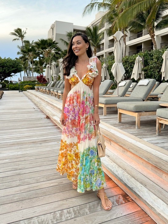 Zimmermann Dresses & Skirts - Zimmermann Cream Floral Ruffle Midi Dress with Multicolor Blooms